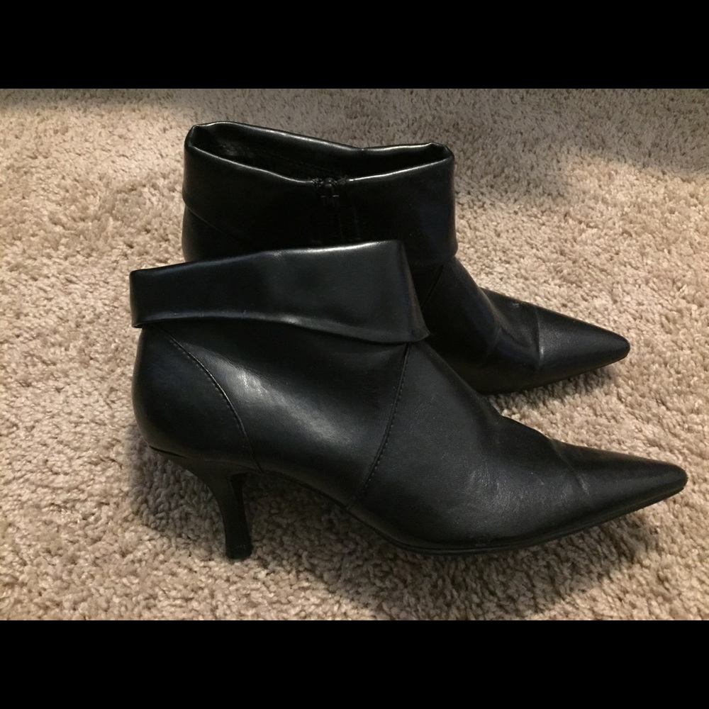 Leather point toe ankle booties low heel